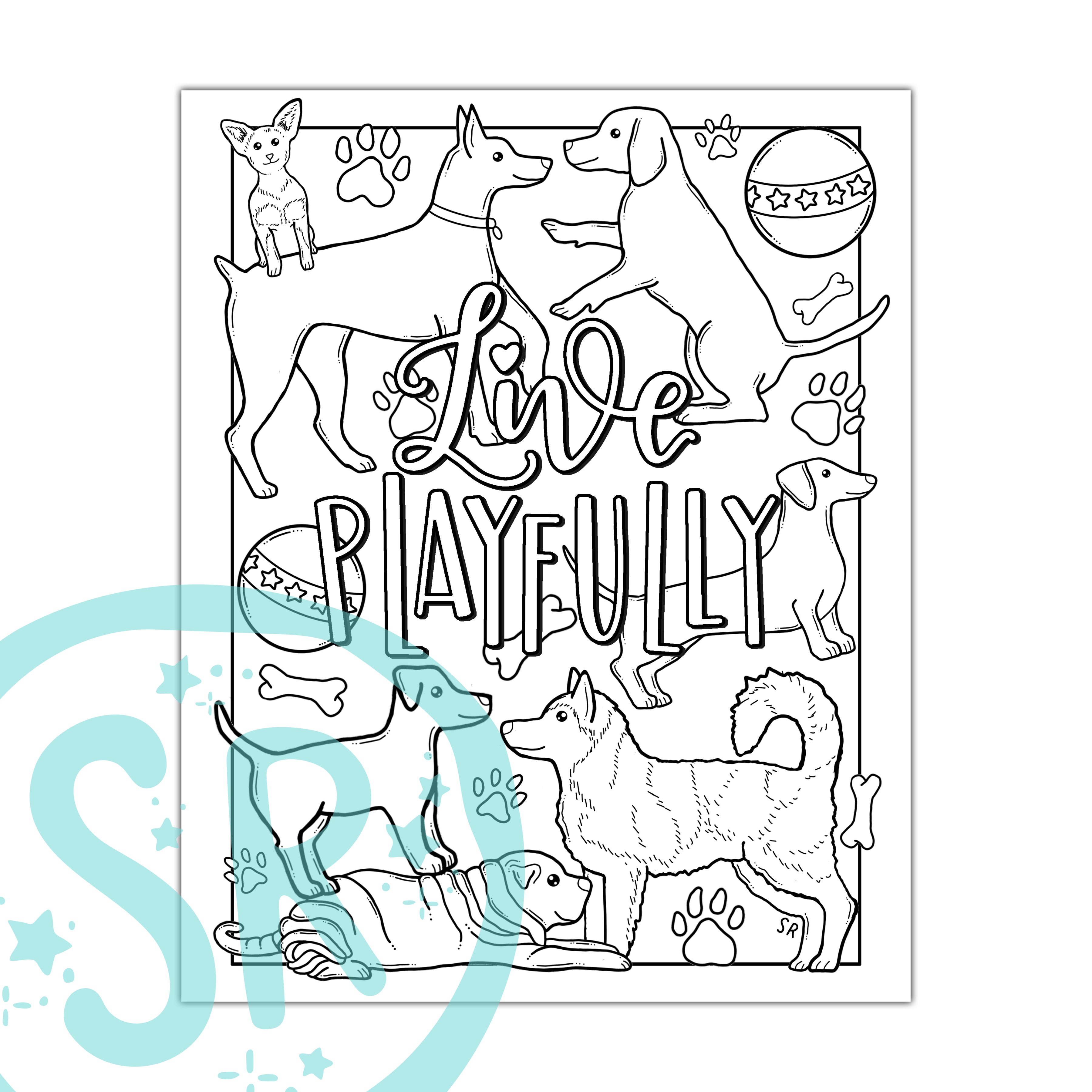 A digital coloring page featuring cute dog characters with the phrase 'Live Playfully' to be colored by the user.