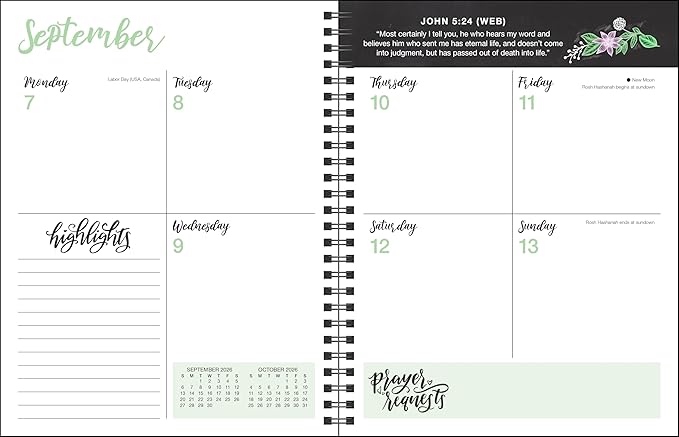 Spiral-bound planner with a weekly layout for September, featuring days of the week and prayer requests section.