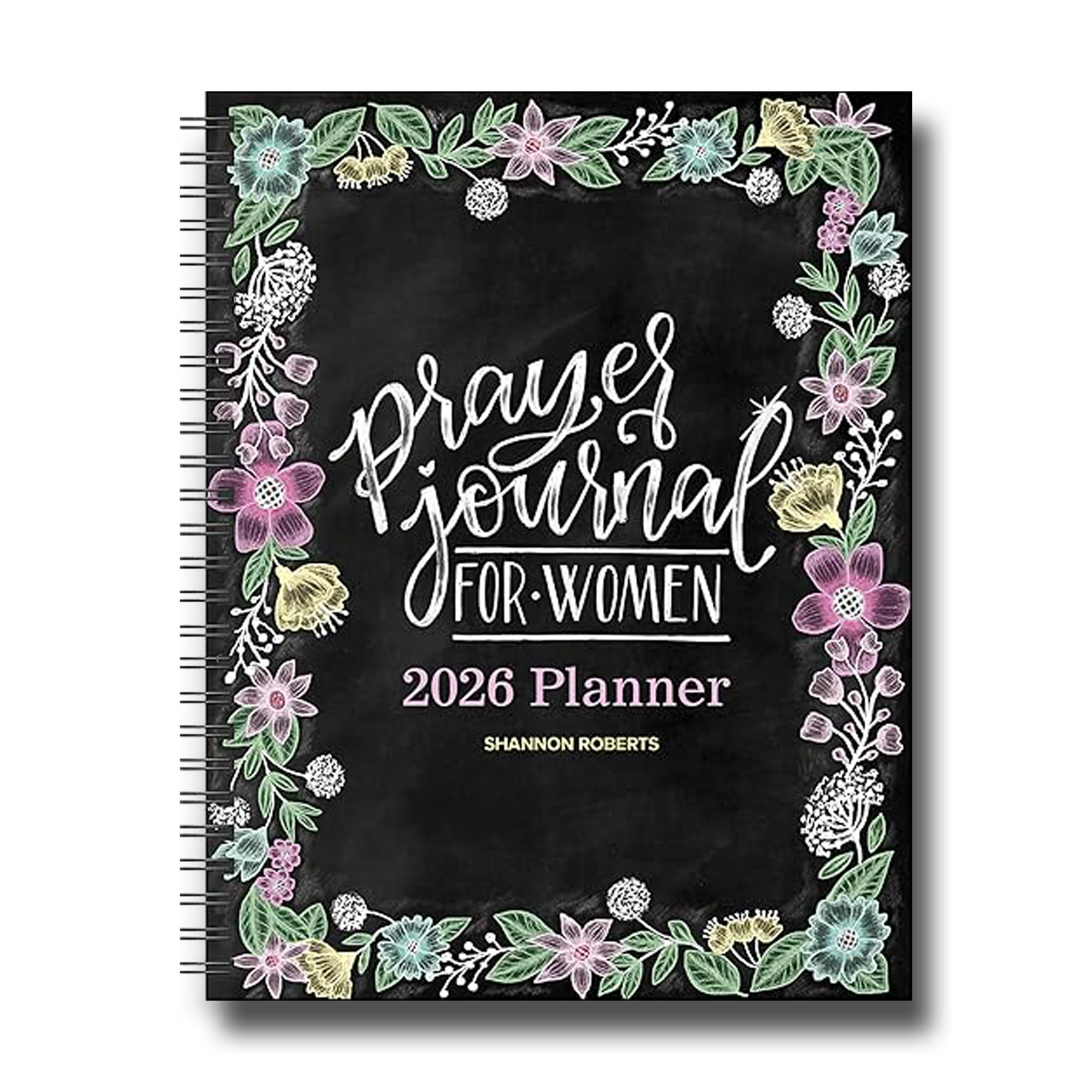 2026 Prayer Journal for Women planner with floral design on a black background