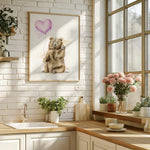 Kitchen interior with a bear painting on the wall, plants, and flowers.