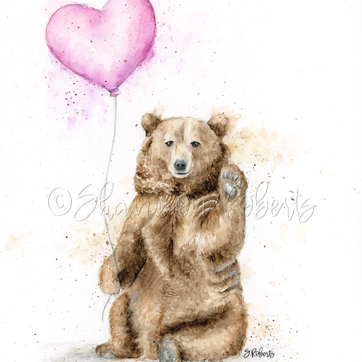 Watercolor illustration of a bear holding a heart-shaped balloon on a white background
