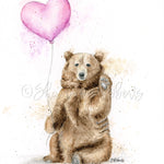 Watercolor illustration of a bear holding a heart-shaped balloon on a white background