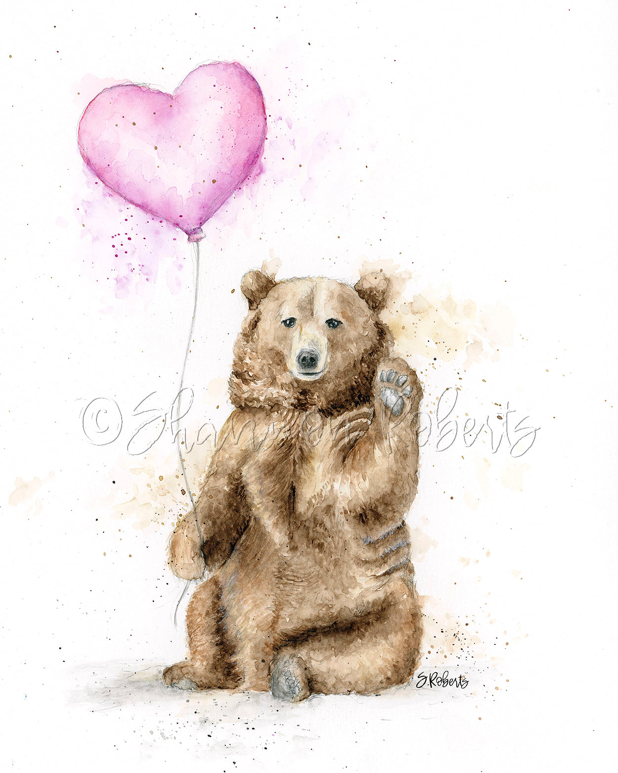 Watercolor illustration of a bear holding a heart-shaped balloon on a white background