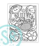 A black and white coloring page with a 'Believe in Yourself' theme, featuring various kawaii cute sports characters and elements.