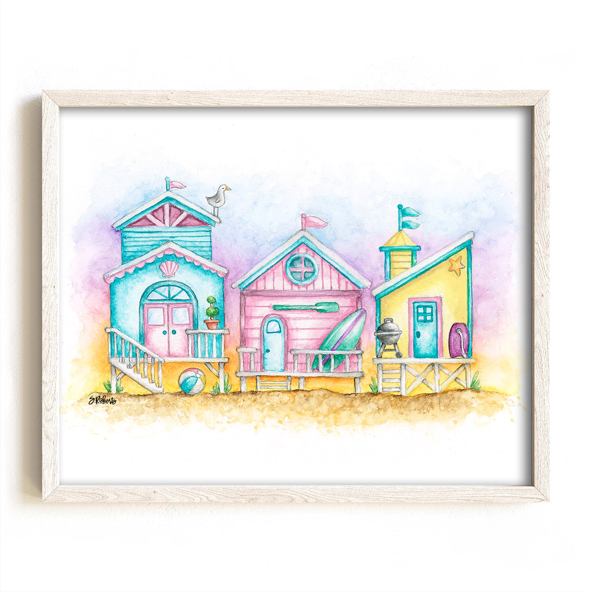 Colorful illustration of three beach houses on a white background