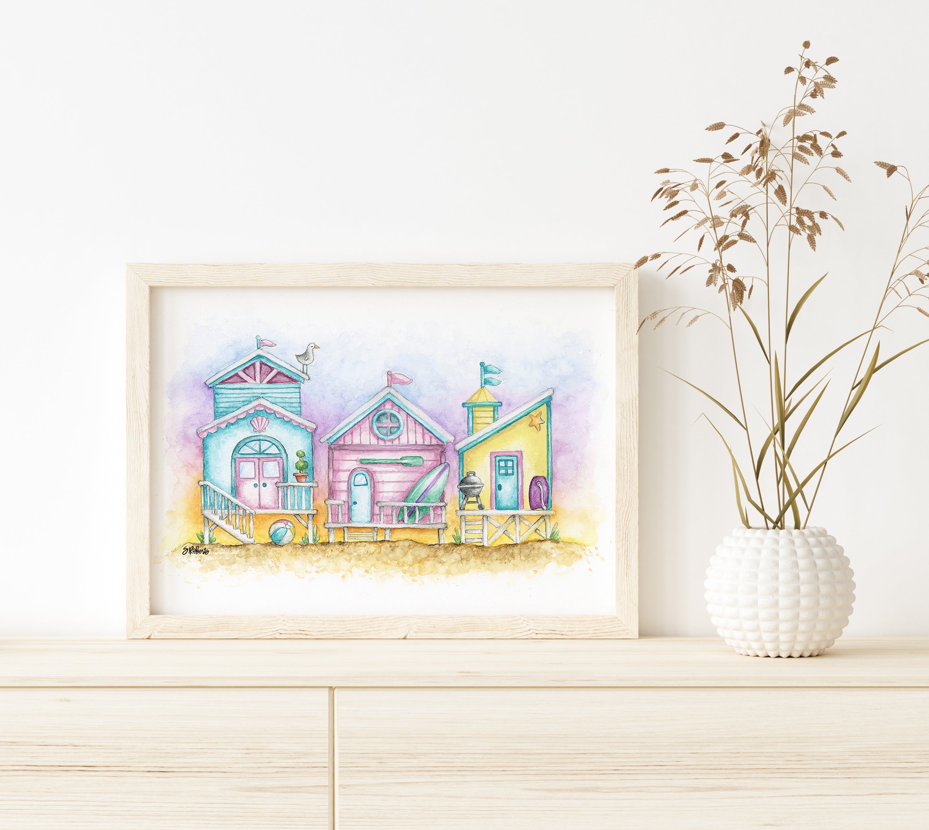 Beach Houses Beach Huts Watercolor On A sandy beach