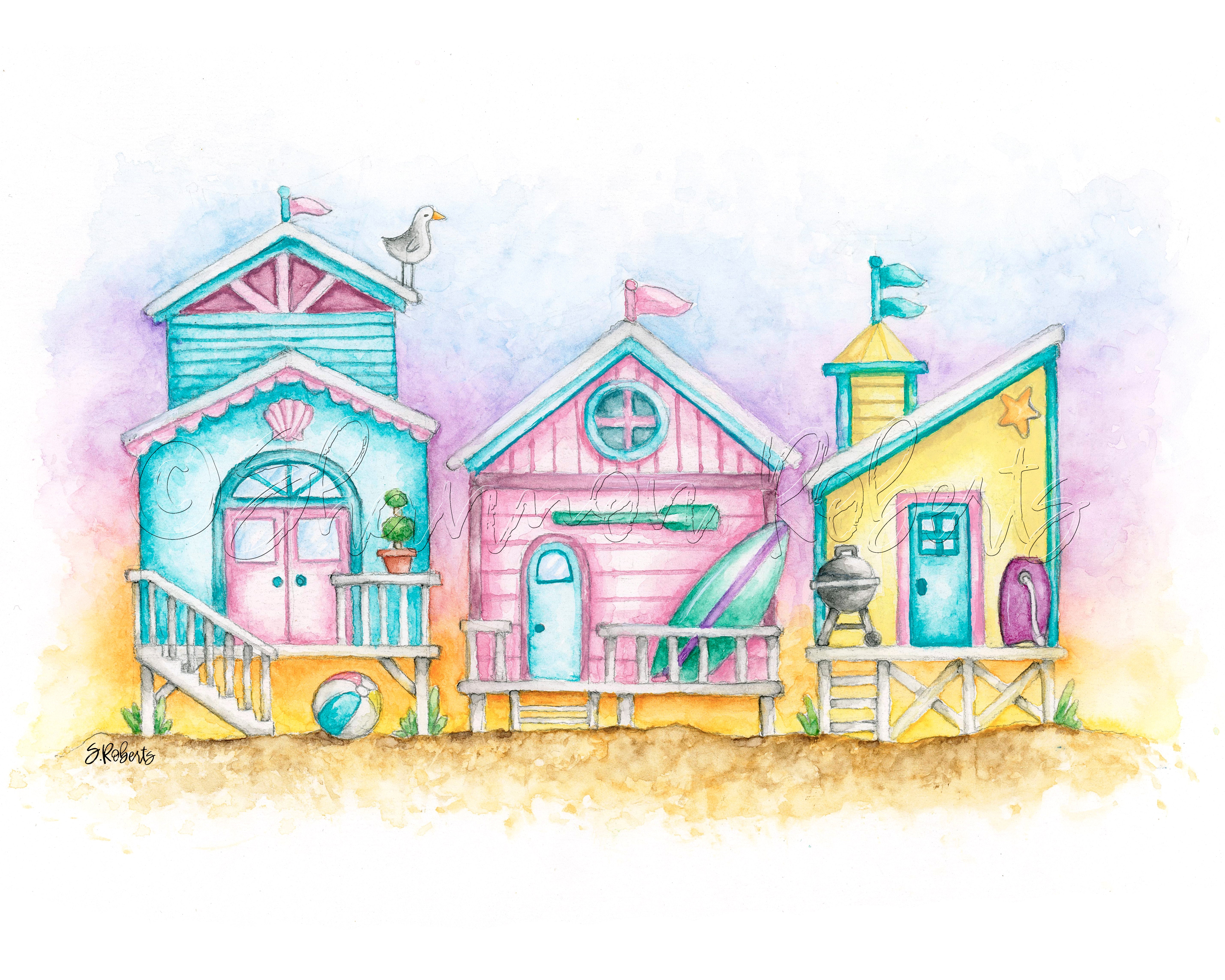 Colorful beach houses on a sandy shore with a pastel sky.