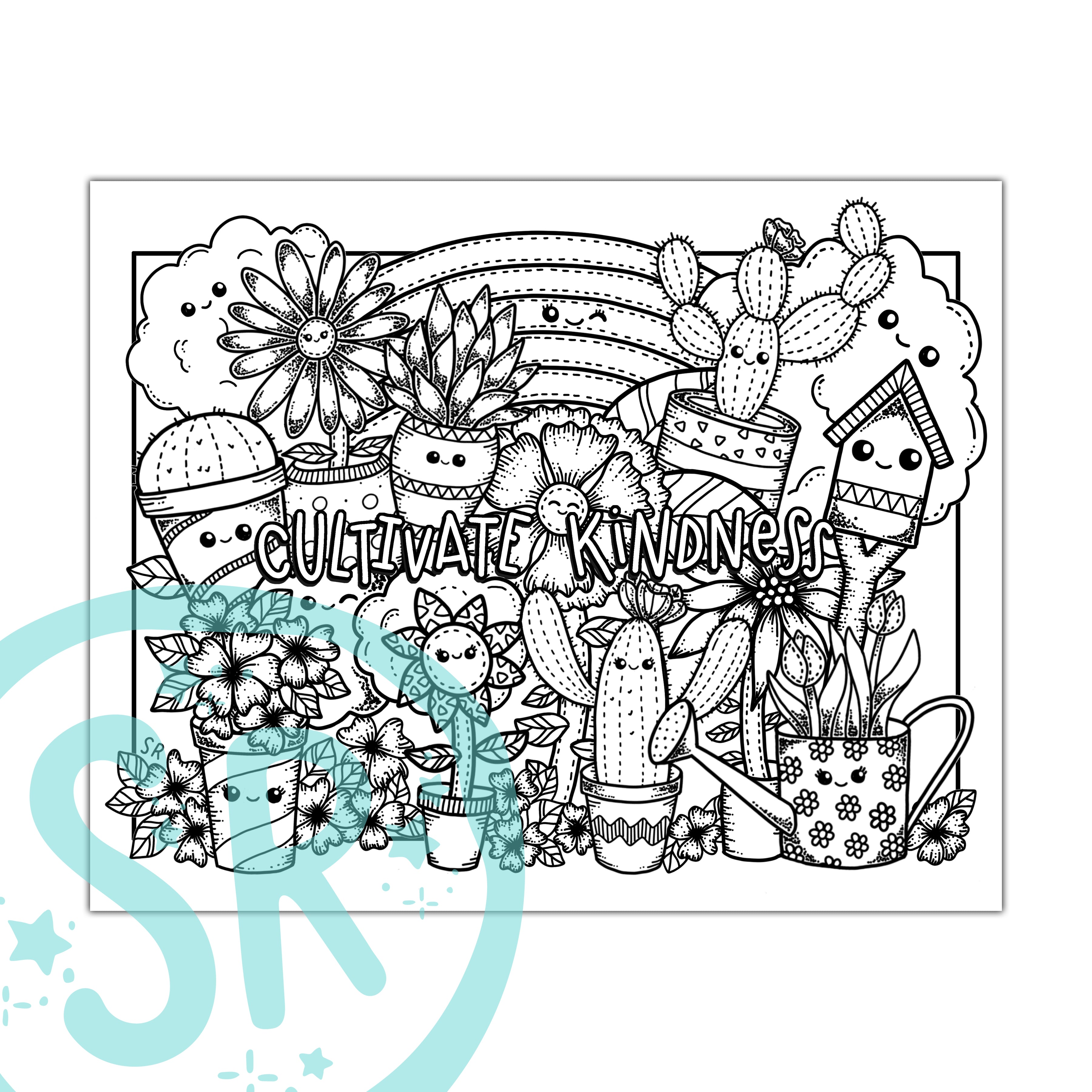 A digital coloring page featuring cute and kawaii-style plants with a 'Cultivate Kindness' motif.