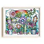 Colorful illustration of plants and flowers with 'Cultivate Kindness' text, framed.