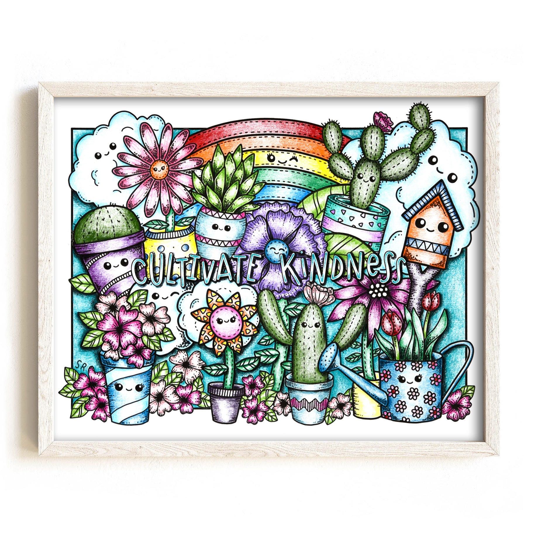 Colorful illustration of plants and flowers with 'Cultivate Kindness' text, framed.