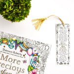 Coloring book titled 'More Precious than Gold' with a bookmark on a white background.