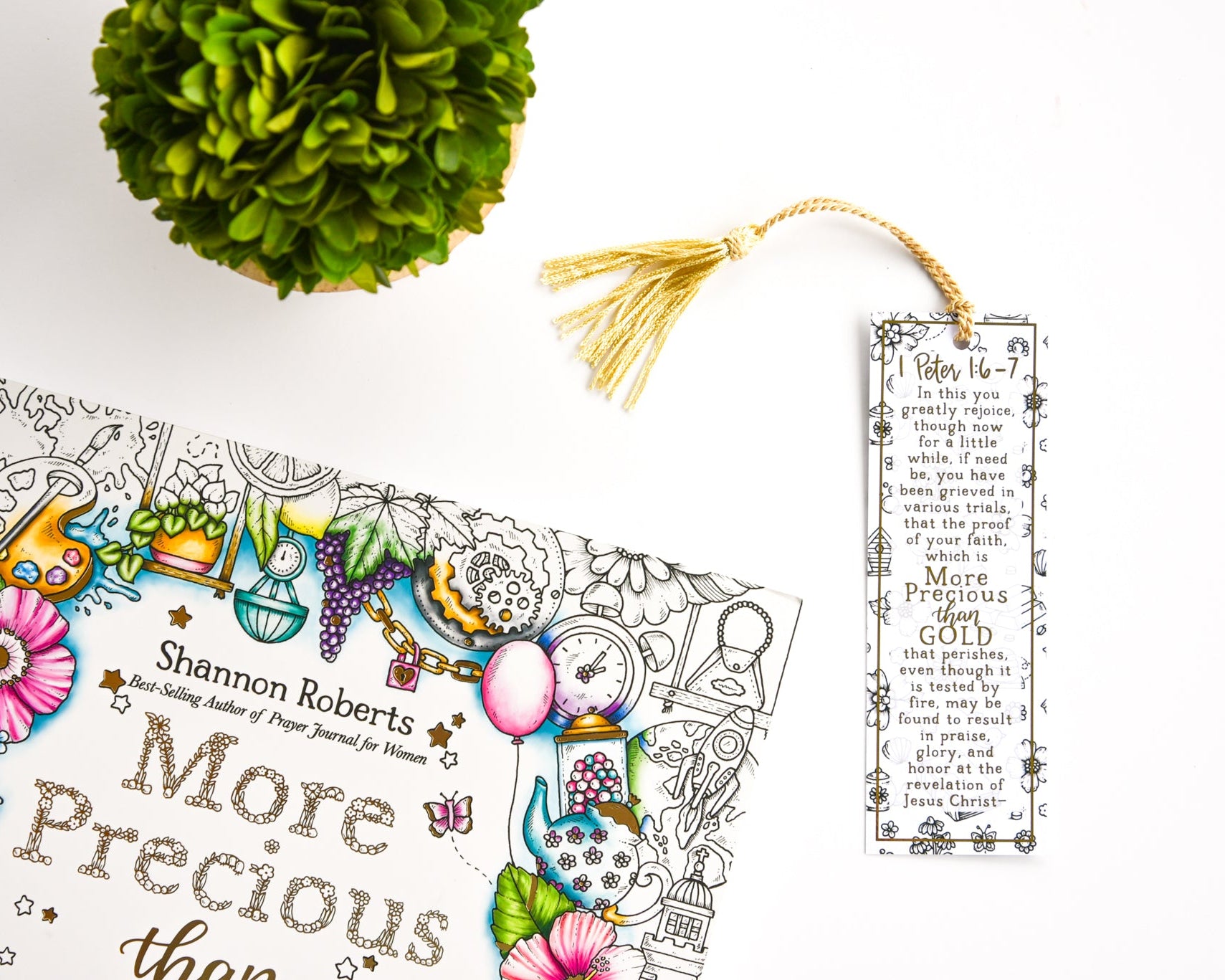 Coloring book titled 'More Precious than Gold' with a bookmark on a white background.