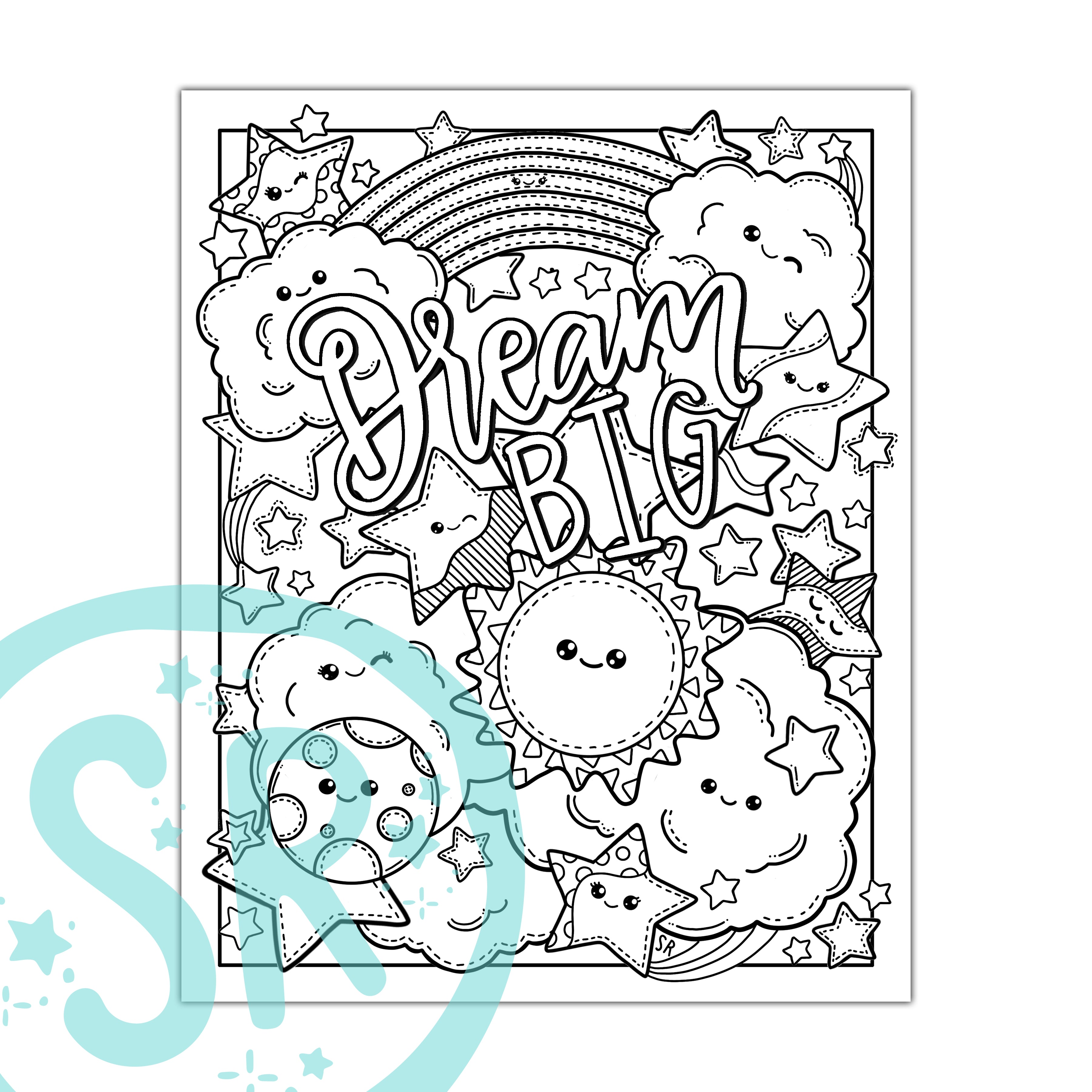 A digital coloring page featuring a black and white illustration of a rainbow, sun, clouds, and stars with the phrase 'Dream Big' in the center. The page is designed for printing and coloring.