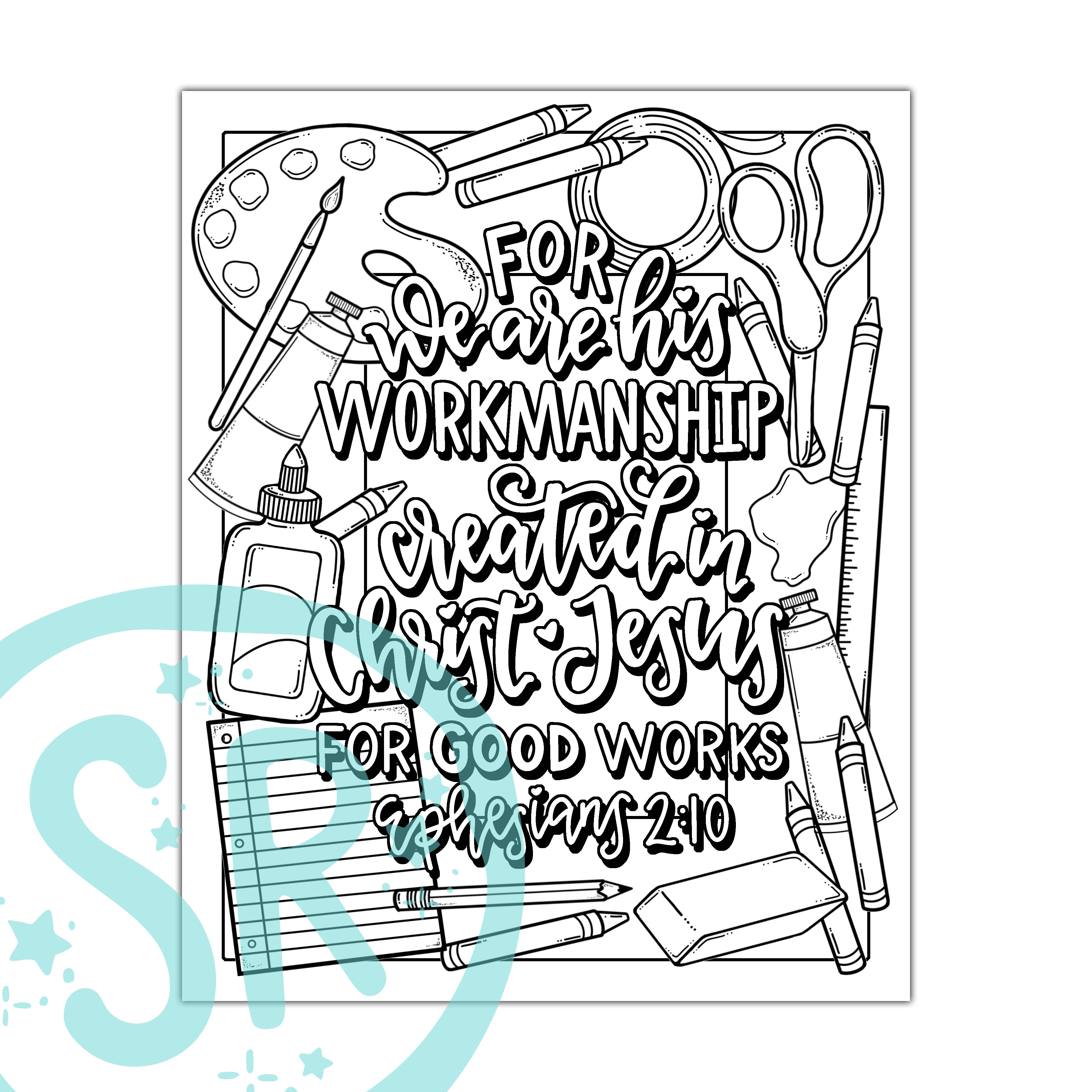 A digital coloring page featuring the illustrated Bible verse from Ephesians 2:10, surrounded by illustrations of art supplies like paintbrushes and paper.