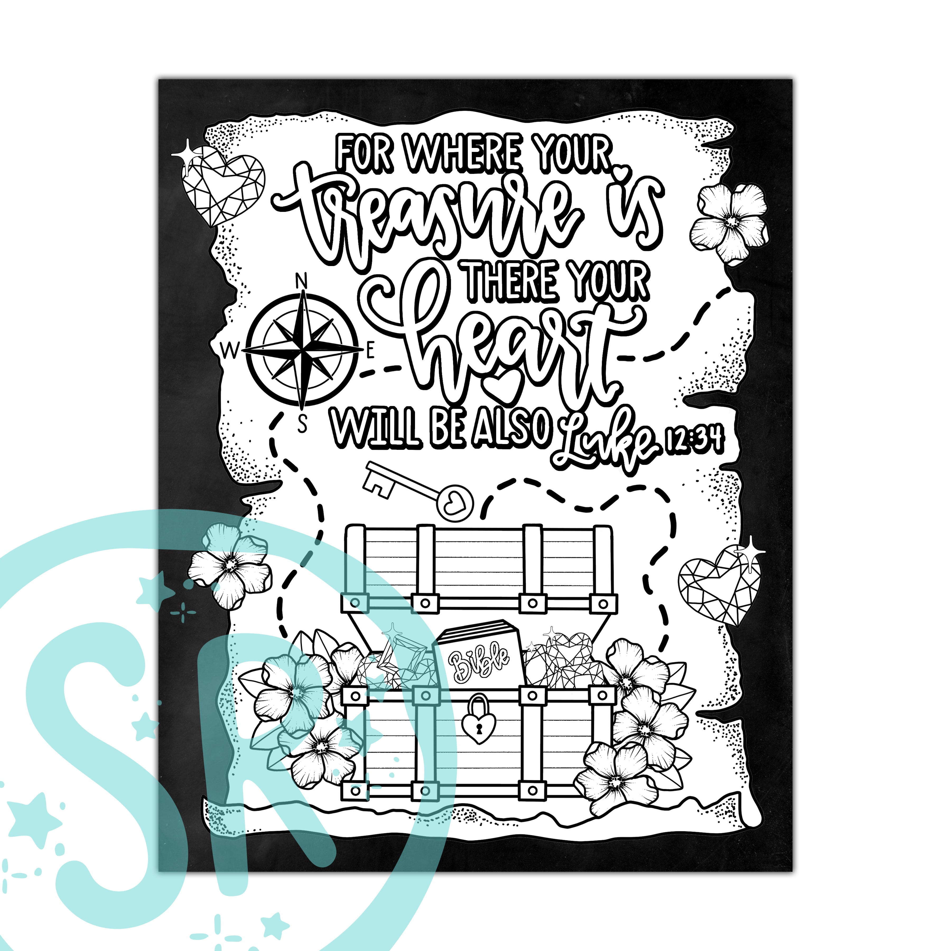 A digital Scripture coloring page of Luke 12:34 featuring a black and white design with text, a compass, a key, and a treasure chest, by Shannon Roberts.