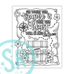 A digital Scripture coloring page of Luke 12:34 featuring a black and white design with text, a compass, a key, and a treasure chest, by Shannon Roberts.