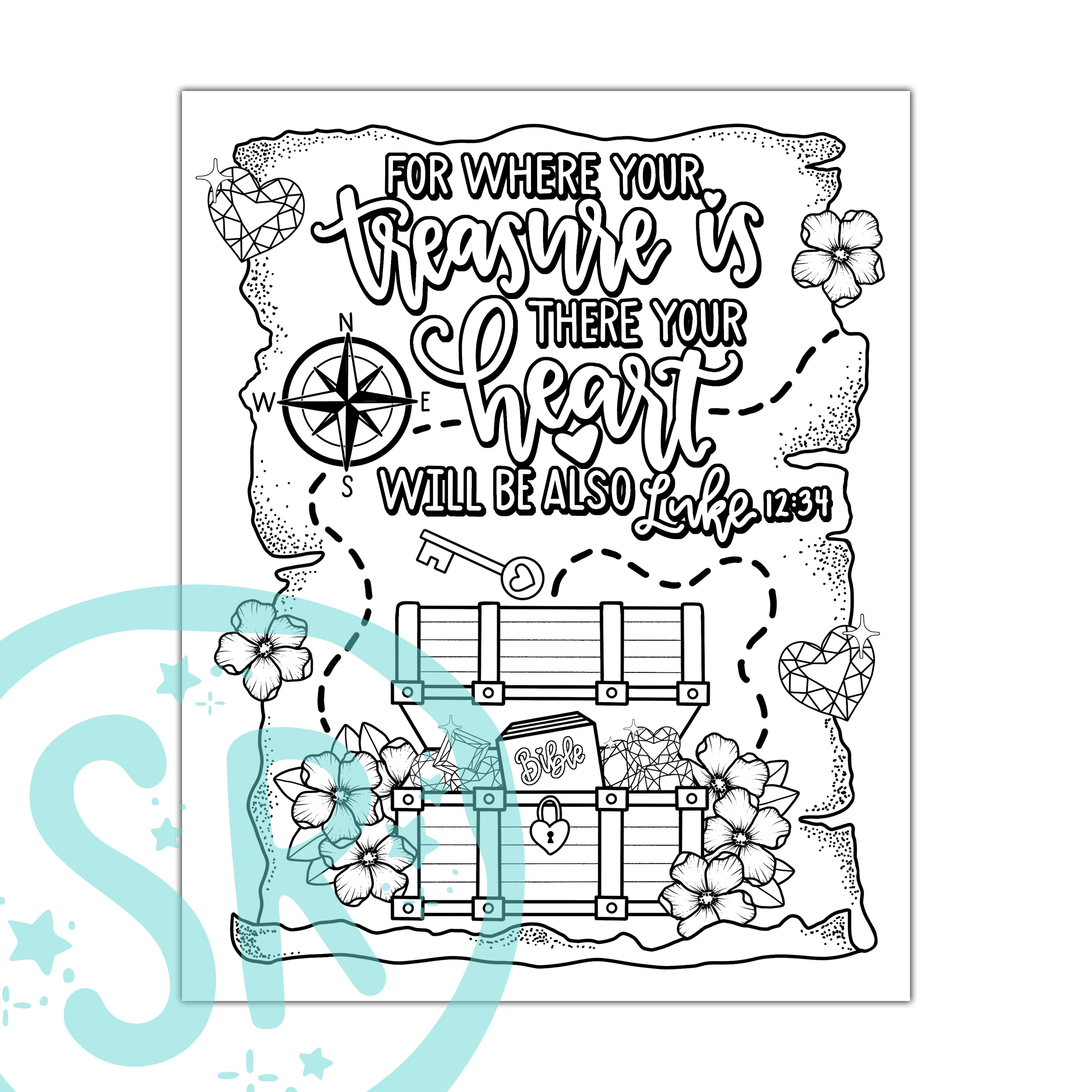 A digital Scripture coloring page of Luke 12:34 featuring a black and white design with text, a compass, a key, and a treasure chest, by Shannon Roberts.
