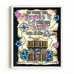 Decorative Scripture coloring page poster of Luke 12:34 with treasure chest, flowers, and text on a black background