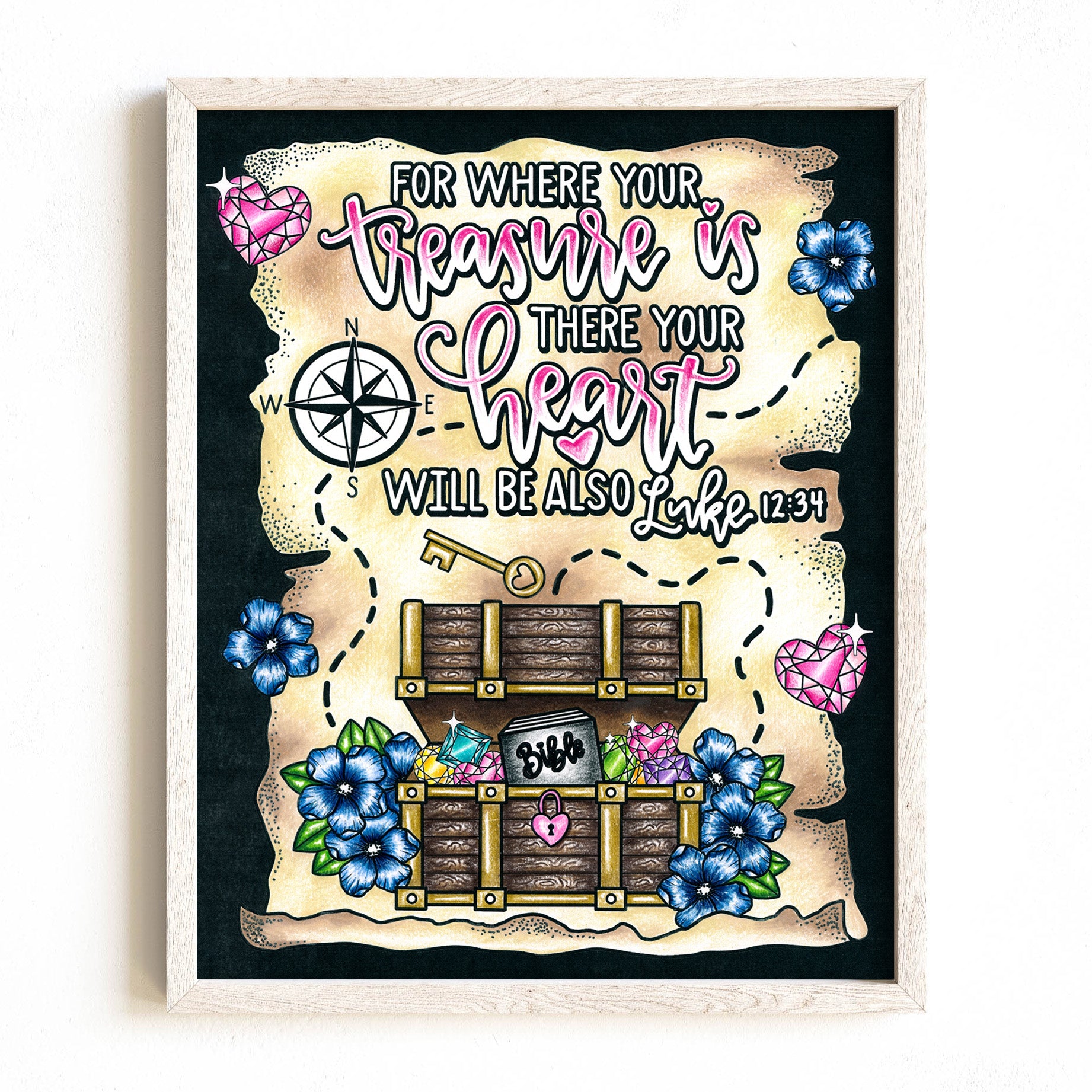 Decorative Scripture coloring page poster of Luke 12:34 with treasure chest, flowers, and text on a black background