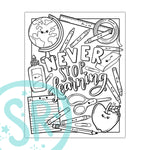A coloring page with kawaii cute school supplies, including a globe, protractor, scissors, pens, and an apple, with the phrase 'NEVER STOP LEARNING' written in playful lettering.