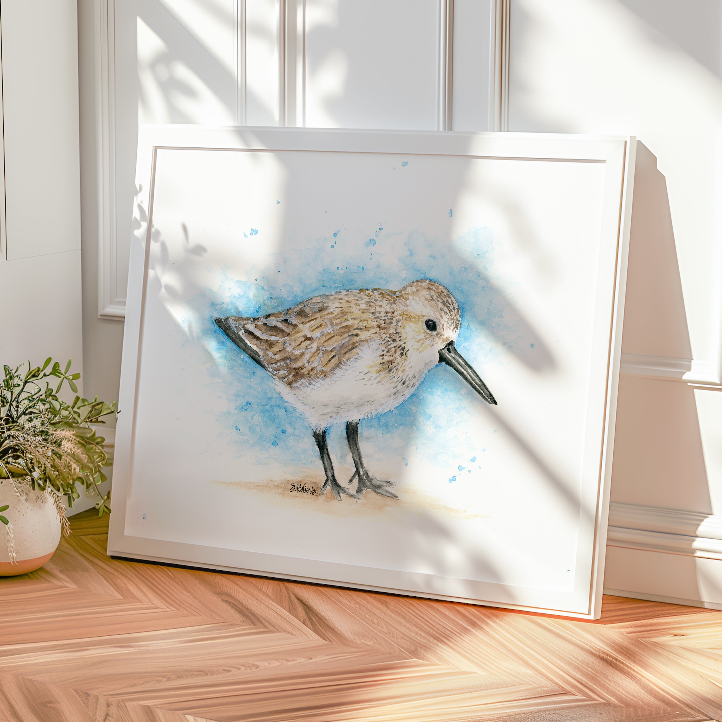 Framed artwork of a sandpiper bird on a wooden surface with a light background
