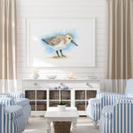 Living room with striped chairs, a coffee table, and a framed picture of a bird on the wall.