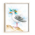 Seagull wearing a teal hat watercolor art with yellow bow framed