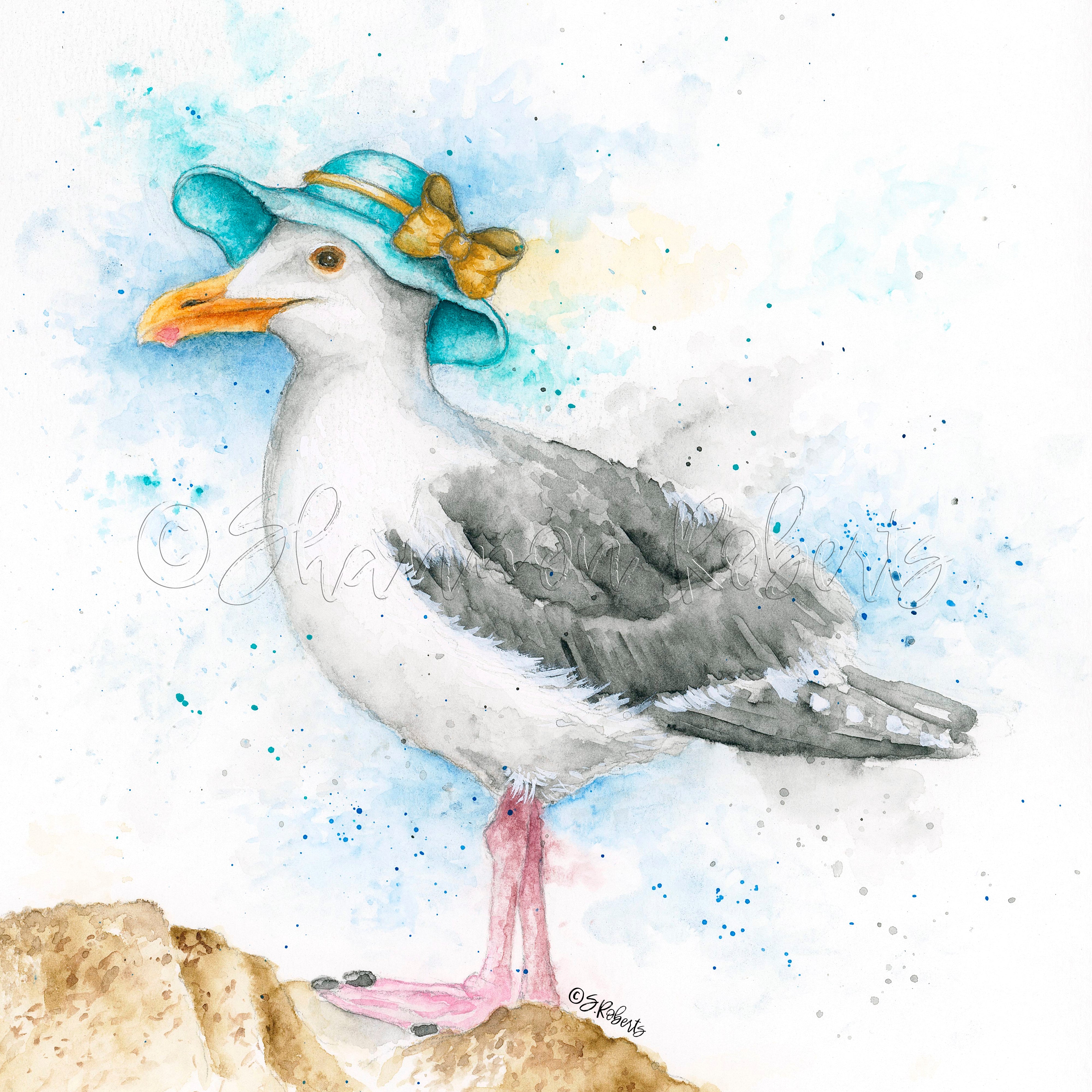 Seagull wearing a blue hat with a yellow bow on a white background