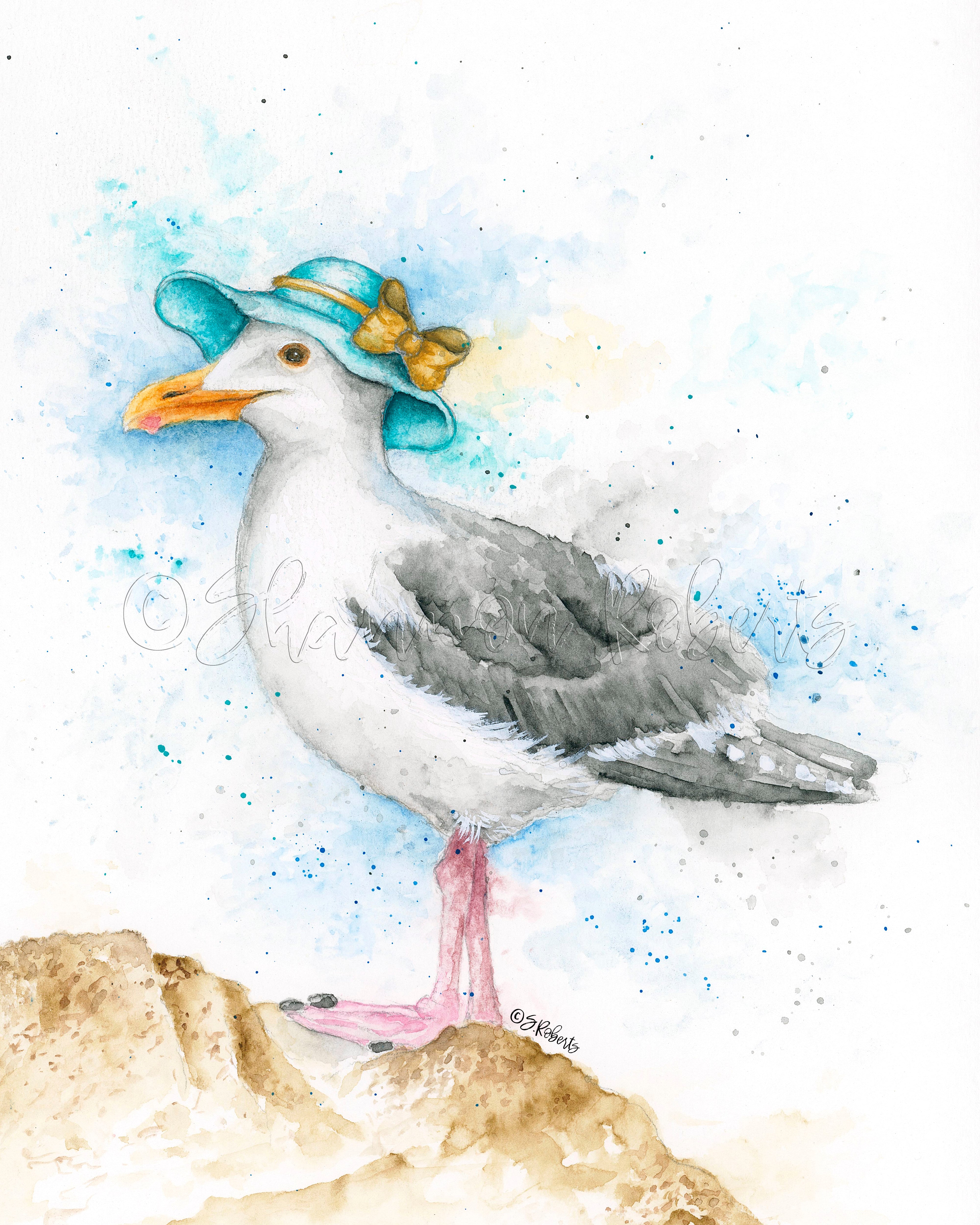 Seagull wearing a blue hat with a yellow bow on a white background